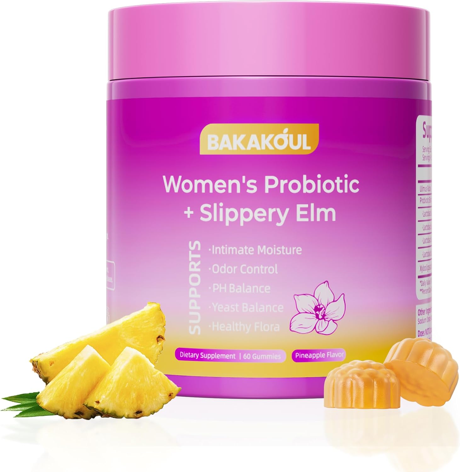 Feminine Probiotics Gummies for Women,Supports Ph Balance,Immune System with Slippery Elm,Prebiotics & Lactobacillus Blend,Vegan,Gluten-Free,Pineapple Flavor,60 Gummies
