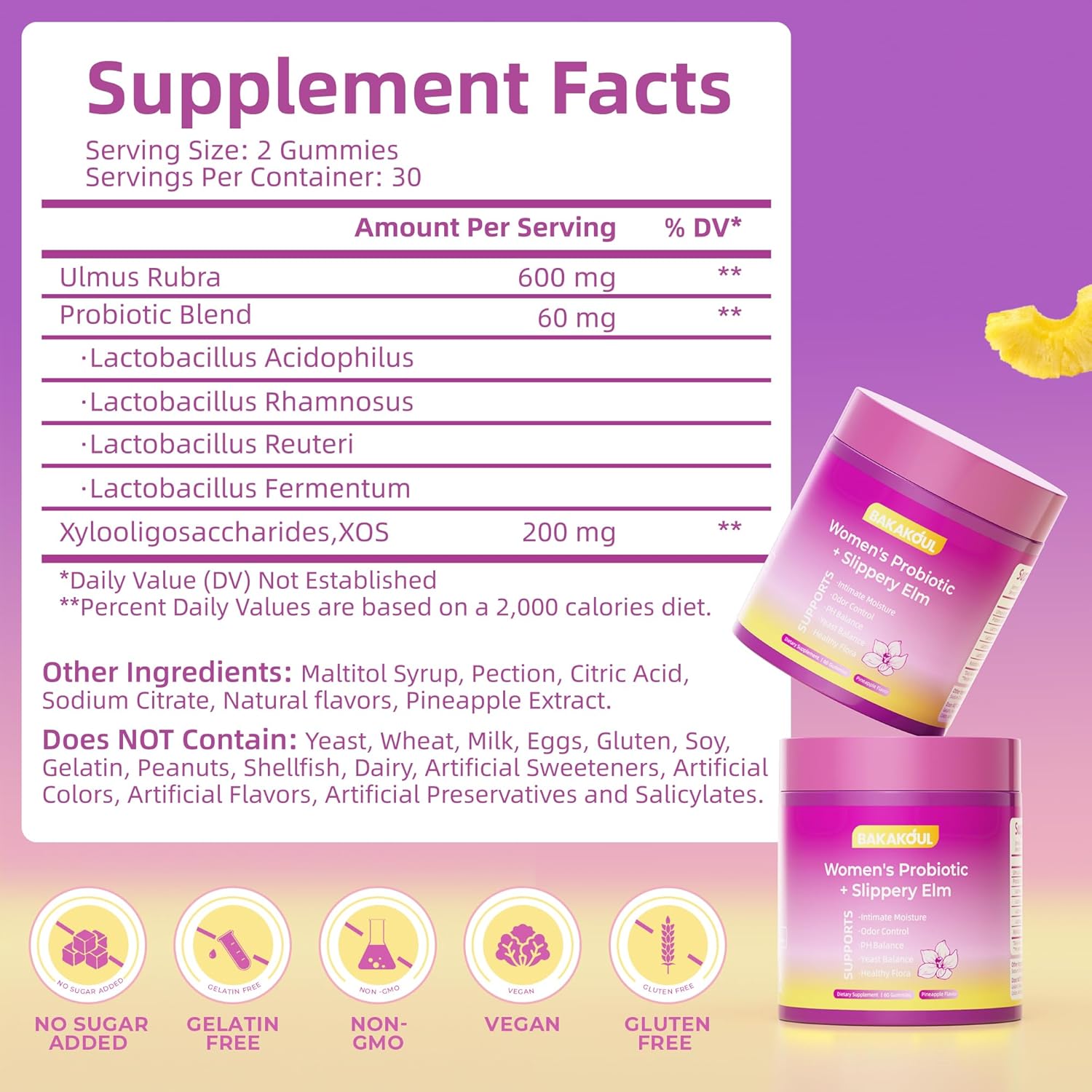 Feminine Probiotics Gummies for Women,Supports Ph Balance,Immune System with Slippery Elm,Prebiotics & Lactobacillus Blend,Vegan,Gluten-Free,Pineapple Flavor,60 Gummies