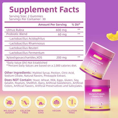 Feminine Probiotics Gummies for Women,Supports Ph Balance,Immune System with Slippery Elm,Prebiotics & Lactobacillus Blend,Vegan,Gluten-Free,Pineapple Flavor,60 Gummies