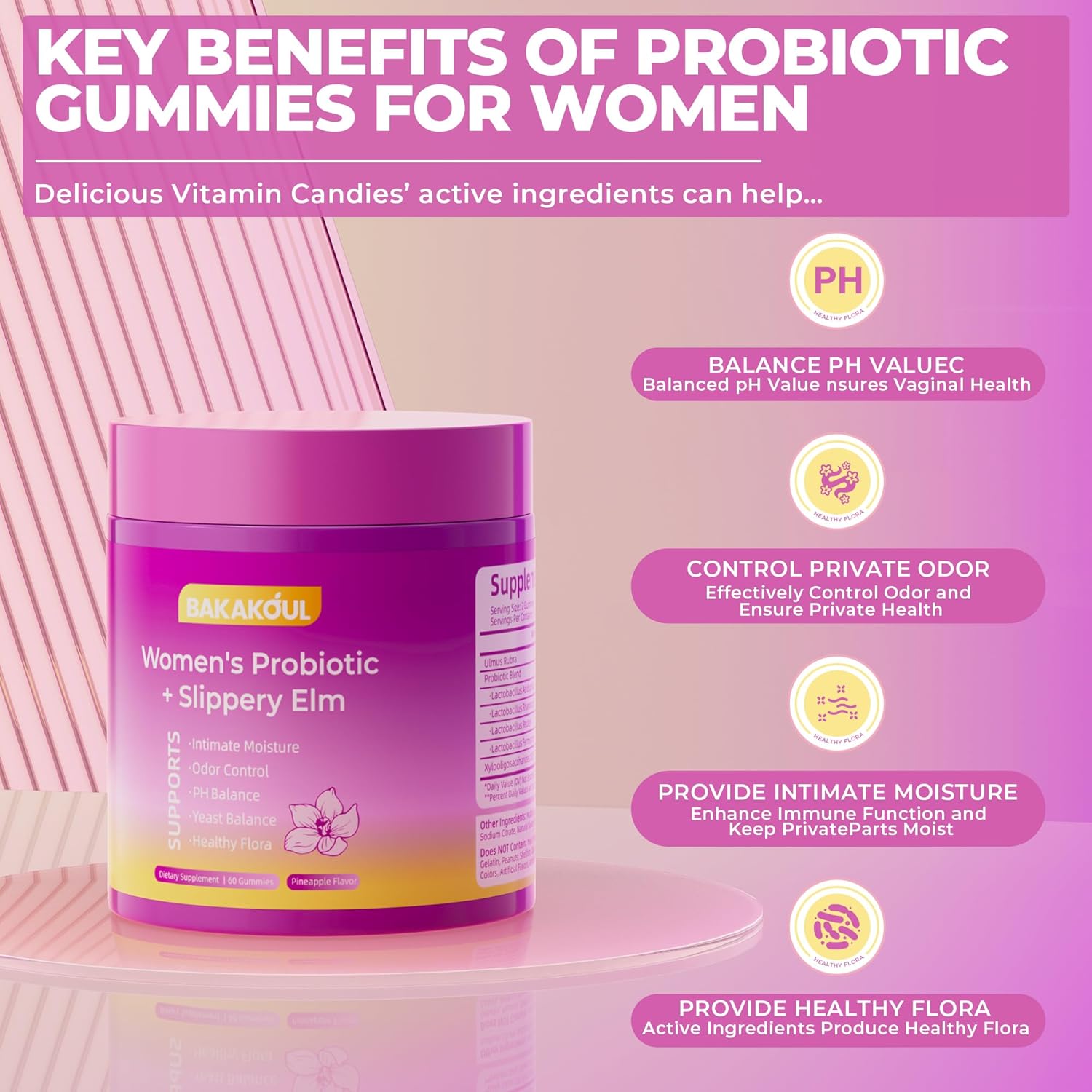 Feminine Probiotics Gummies for Women,Supports Ph Balance,Immune System with Slippery Elm,Prebiotics & Lactobacillus Blend,Vegan,Gluten-Free,Pineapple Flavor,60 Gummies